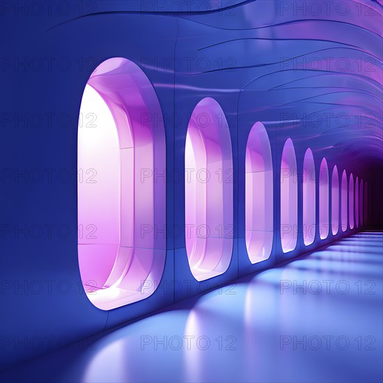 Windows aligned within an elongated tunnel permeated with gradients of blue and magenta hues, AI generated