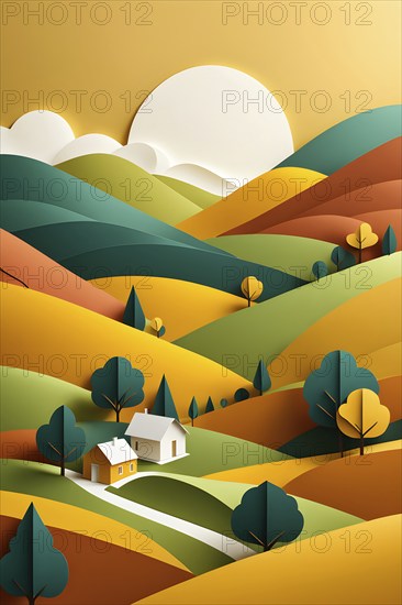 Landscape set in paper art style featuring houses tucked between verdant trees and rolling hills, AI generated