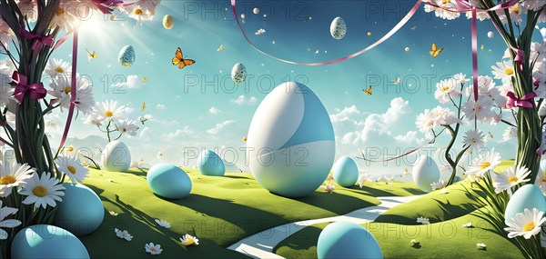 Surreal Easter scene with floating eggs, ribbons, and flowers in a dreamlike, whimsical composition of light and shadow, AI generated