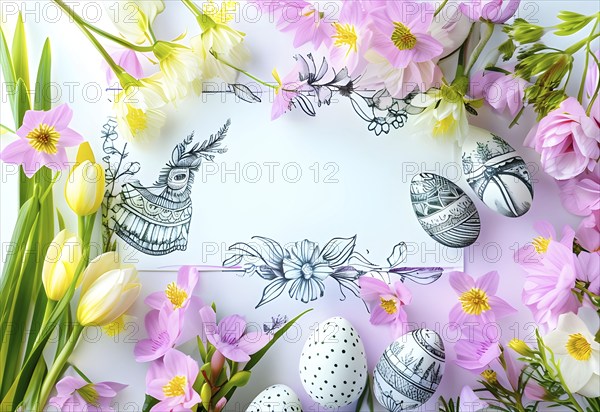 Easter card with delicate hand-drawn illustrations, placed among fresh flowers and decorated eggs, empty space for text, AI generated