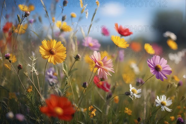 Wildflowers in a meadow, with a soft breeze slightly moving the petals, creating a serene and lively atmosphere, AI generated