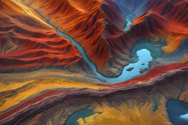 Aerial view perpendicular top down of an abstract colorful river along the coastline, AI generated