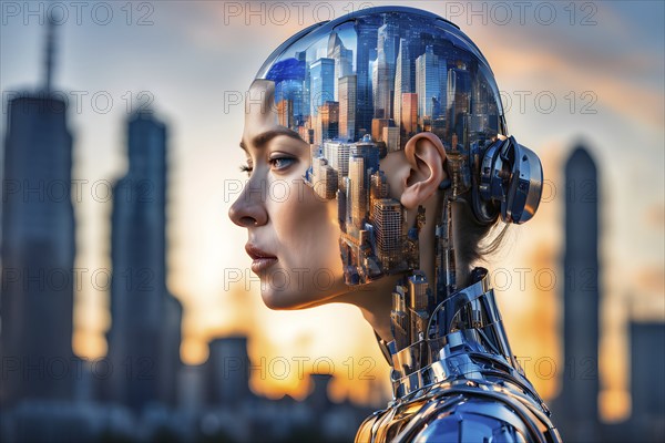 Digital representation of a multiple exposure photograph featuring a cyber human and an urban architecture, AI generated