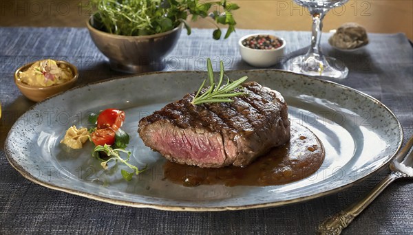 Food, Dishes, Beef steak roasted medium rare, on a plate on the table, AI generated, AI generated