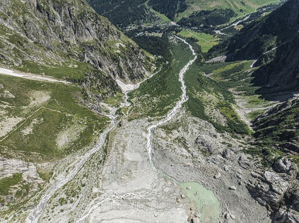 Aerial view, hiking path from La Fouly to Cabane de Neuve along a glacial streams, Valley Val Ferret, Valais, Wallis, Switzerland, Europe