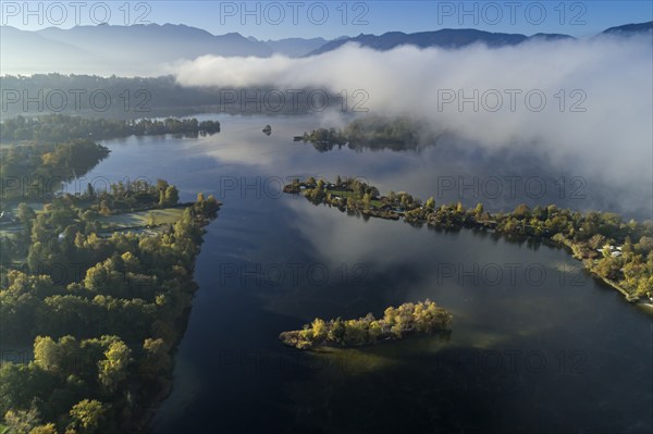 Aerial view of a lake in front of mountains in the morning light, fog, Staffelsee, view of the Bavarian Alps, Alpine foothills, Upper Bavaria, Bavaria, Germany, Europe