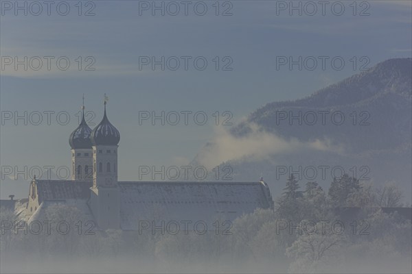 Monastery in the morning light, fog, hoarfrost, winter, Benediktbeuern Monastery, Alpine foothills, Upper Bavaria, Bavaria, Germany, Europe