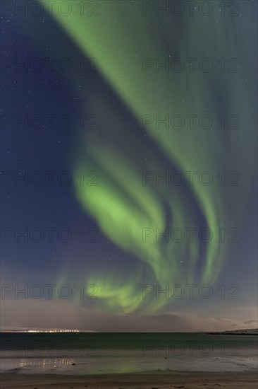 Northern Lights, Aurora borealis, full moon, moonlight, village, houses, snow, sea, coast, winter, Ekkeroy, Varanger Peninsula, Norway, Europe