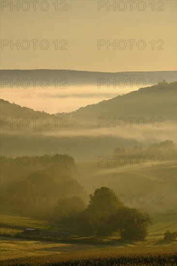 Morning fog over the Werra valley, Weißenborn near Eschwege, Werra-Meißner district, Werra valley, North Hesse, Hesse, Germany, Europe