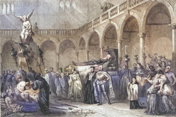 Funeral of Titian, 1576. Italian painter 148890 -1576. 19th century print engraved by Doherty from a drawing by Rouargue., Historic, digitally restored reproduction from a 19th century original, Record date not stated