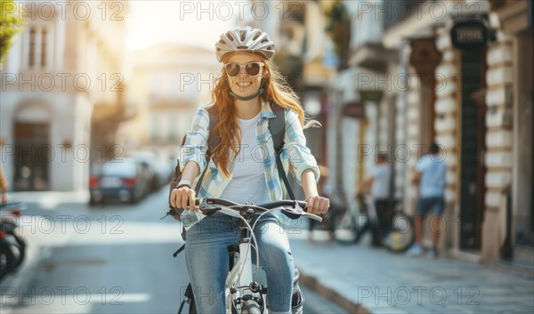 Happy young woman tourist is riding a bicycle on a European street with a smile on her face, AI generated