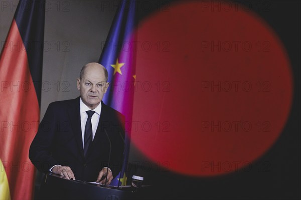 Olaf Scholz (SPD), Federal Chancellor, at a press conference following a joint meeting with Srettha Thavisin (not pictured), Prime Minister of Thailand, in Berlin, 13 March 2024