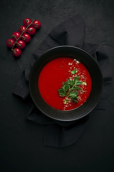 Tomato soup, with herbs and spices, homemade, no people
