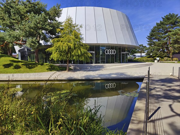 Audi brand pavilion in the Autostadt Landscape Park, Volkswagen AG, Wolfsburg, Lower Saxony, Germany, Europe