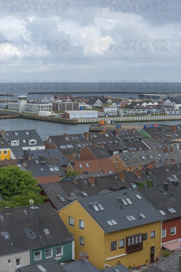 View of the Unterland from the Oberland Promenade, colourful houses, architecture, roof gables, roofs, trees, Binnenreede, offshore island of Heligoland, North Sea, Pinneberg district, Schleswig-Holstein, Germany, Europe