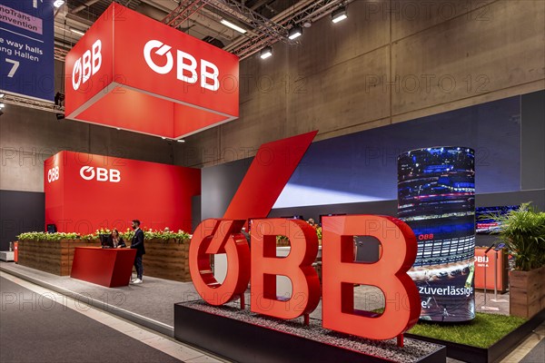 InnoTrans 2024. international trade fair for railway and transport technology. Berlin Exhibition Centre. Exhibition stand of the Austrian Federal Railways, ÖBB logo. Berlin, Germany, Europe