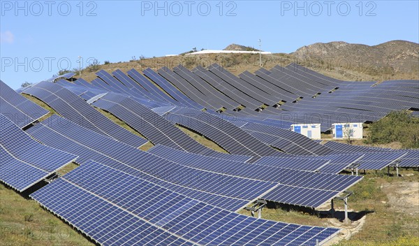 Array of solar panels on a bright sunny day, Sierra Alhamilla, near Nijar, Almeria, Spain, Europe