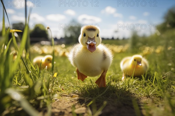 A close-up of a cute duckling standing in a sunlit meadow, with other ducklings and wildflowers in the background, AI generated