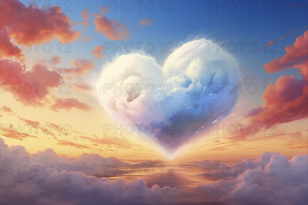 Painting of a heart-shaped cloud illuminated by the warm hues of sunset, floating above a serene sea of clouds. For love, romance, tenderness and Valentine day design, AI generated