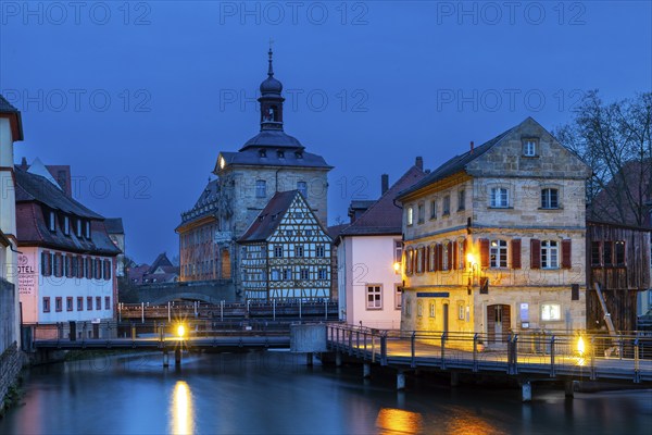 Untere Mühlbrücke, Versicherungskammer Bayern, Old Town Hall, Regnitz, Blue Hour, Bamberg, Lower Franconia, Bavaria, Germany, Europe