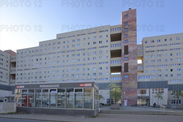 Modern red high-rise building with inner courtyard, inscription, multi-storey car park, cash desk, Hirschlachufer, Erfurt, Thuringia, Germany, Europe