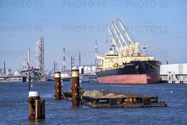 The port of Antwerp, on the Scheldt, is the second largest seaport in Europe, freighter harvester at Antwerp Bulk Terminal, Flanders, Belgium, Europe
