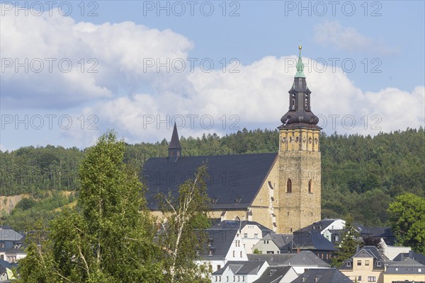 Schneeberg is a town in the Erzgebirge district of Saxony. High above the town, the town church of St Wolfgang, Schneeberg, Schneeberg, Saxony, Germany, Europe