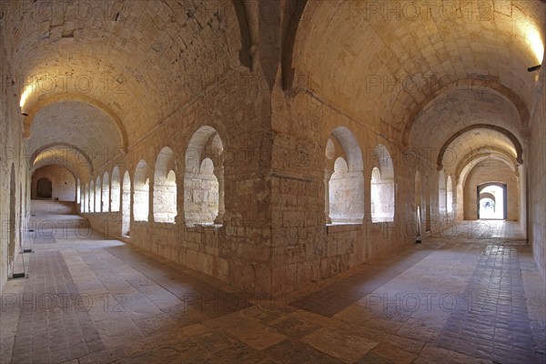 Interior view of the cloister of the Romanesque abbey of Le Thoronet, monastery complex, Cistercian abbey, Var, Provence, France, Europe