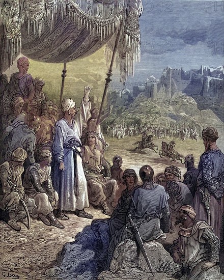 A friendly tournament during the third crusade in 1189, Historical, digitally restored reproduction from a 19th century original, Record date not stated