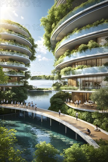3d rendering of a sustainable engaged waterfront development with floating solar panels, AI generated