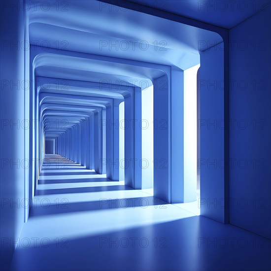 Windows aligned within an elongated tunnel permeated with gradients of blue hues, AI generated