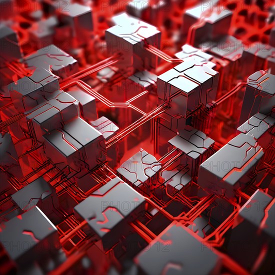 Abstract artwork illustrating blockchain technology with interconnected geometric shapes symbolizing network, AI generated