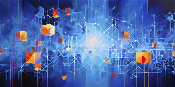 Abstract artwork illustrating blockchain technology with interconnected geometric shapes symbolizing network, AI generated