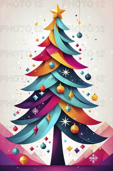 Abstract Christmas tree illustration with vibrant colors and geometric shapes, AI generated