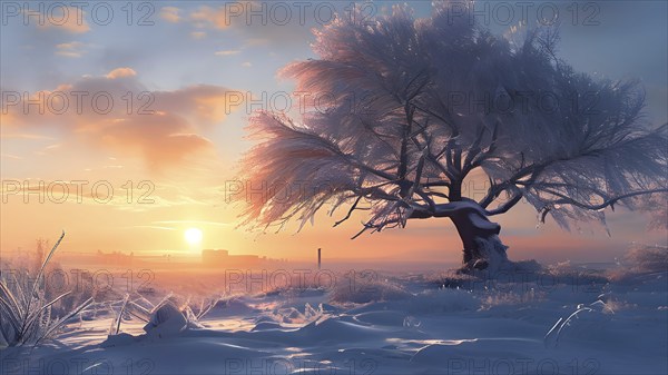 Serene winter landscape with a snow covered tree and a vibrant sunrise, AI generated