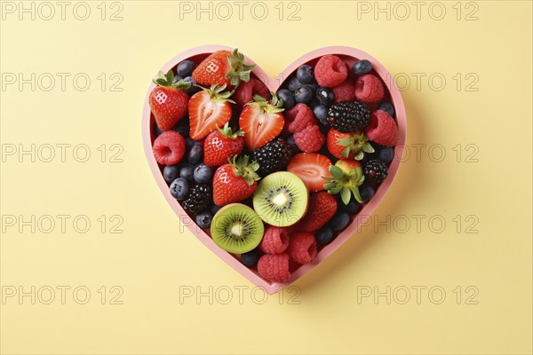 Hearts haped bowl with fruit mix. KI generiert, generiert, AI generated