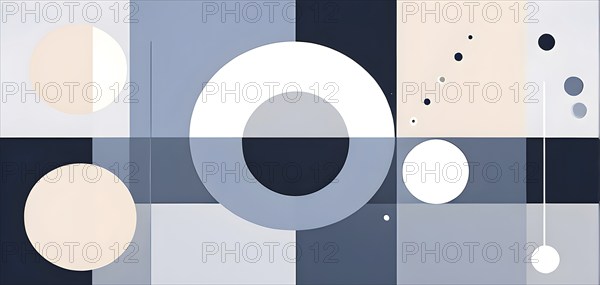 Minimalist composition of overlapping geometric shapes, such as circles, squares, and triangles, with clean lines and muted pastel colors, AI generated