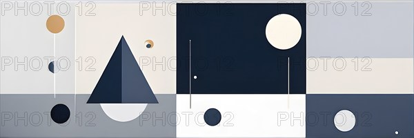 Minimalist composition of overlapping geometric shapes, such as circles, squares, and triangles, with clean lines and muted pastel colors, AI generated