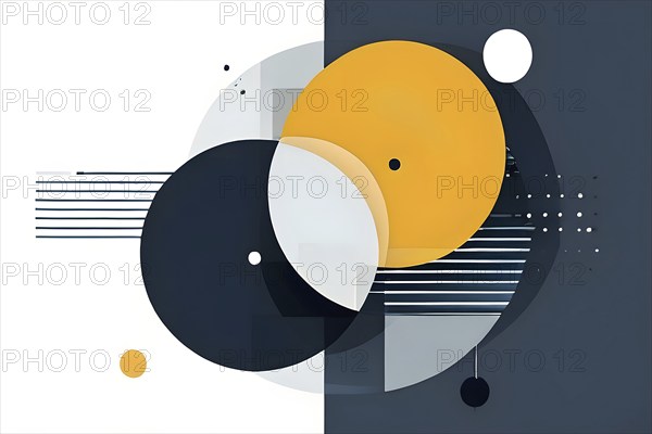 Minimalist composition of overlapping geometric shapes, such as circles, squares, and triangles, with clean lines and muted pastel colors, AI generated