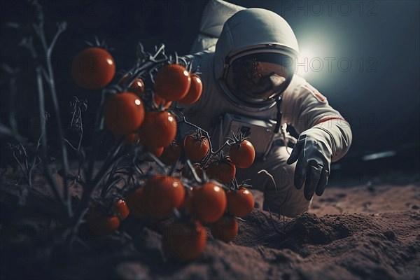 Astronaut planting tomatoes on mars. KI generiert, generiert AI generated