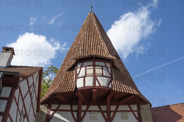 Spire of the Rödelseer Tor tor of the medieval town fortifications, Iphofen, Lower Franconia, Bavaria, Germany, Europe