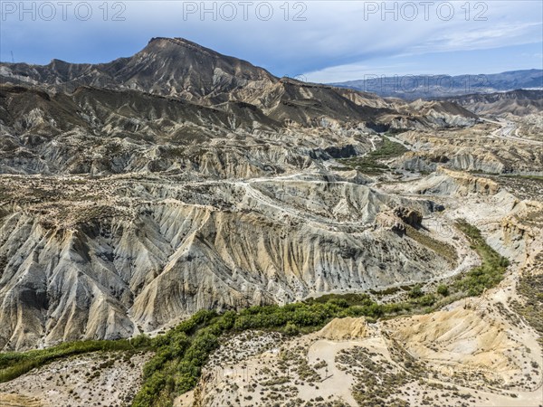 Barren mountain slopes and valleys with rugged, dry landscape, aerial view, Tabernas Desert, Desierto de Tabernas, Tabernas, Almeria, Andalusia, Spain, Europe
