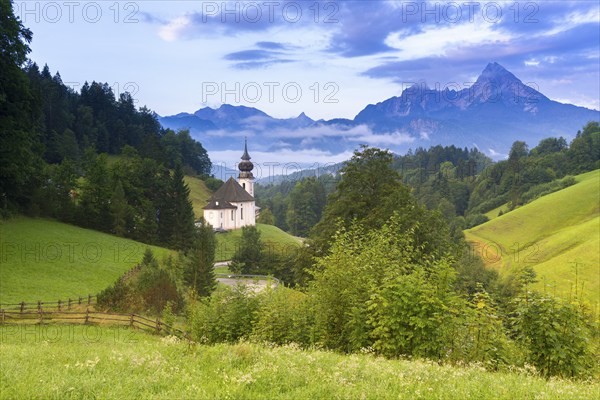 Maria Gern pilgrimage church, view of the Watzmann, in front of sunrise, Berchtesgarden Alps, Berchtesgaden, Berchtesgadener Land, Upper Bavaria, Bavaria, Germany, Europe