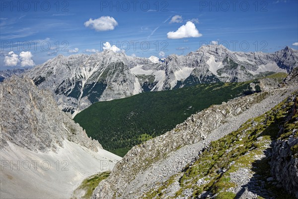 At the Hafelekar, view from the Karwendelblick of the Innsbruck Nordkette to the Karwendel mountains of the Alps, Alpine landscape, Innsbruck, Tyrol, Austria, Europe
