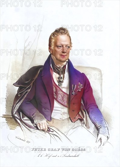 Johann Peter II Count von Goess, Baron of Karlsberg and Moosburg (born 8 February 1774 in Florence, died 11 July 1846 in Vienna), was a member of the noble Goëss family. He was an Austrian Privy Councillor and Chamberlain, jurist and civil servant, President of the Styrian-Carinthian Gubernium, Historical, digitally restored reproduction from a 19th century original, Record date not stated