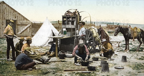 The round up, Grub Pile, Colorado, United States of America, USA, digitally restored reproduction from a 19th century original, record date not stated, The round up, grub pile, United States of America, digitally restored reproduction from a 19th century original, record date not stated, North America