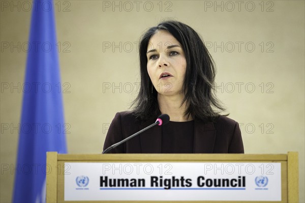Annalena Bärbock, Federal Foreign Minister, delivers a speech at the 55th session of the UN Human Rights Council in Geneva, 26 February 2024. Photographed on behalf of the Federal Foreign Office