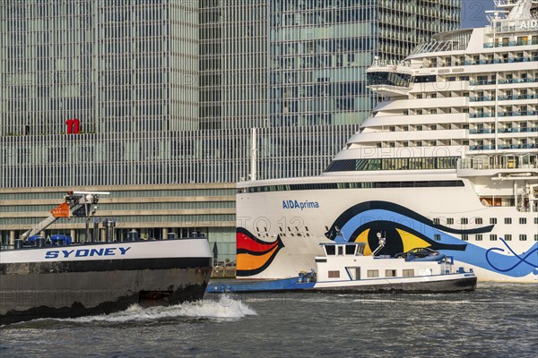 Rotterdam, skyline at the Nieuwe Maas, skyscrapers at the Kop van Zuid district, cruise ship Aida Prima at the Cruise Terminal, Netherlands