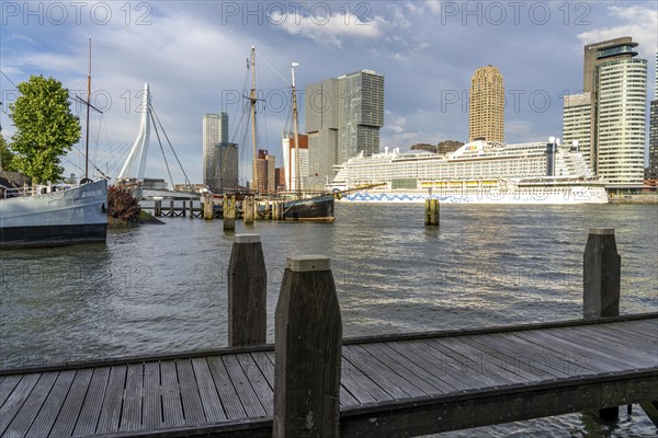 Rotterdam, skyline at the Nieuwe Maas, Erasmus Bridge, skyscrapers at the Kop van Zuid district, cruise ship Aida Prima at the Cruise Terminal, Veerhaven, historic ships, sailing boats, pier, Netherlands
