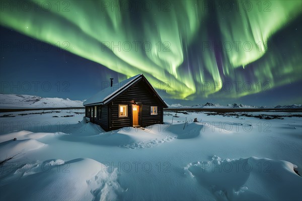 Aurora borealis illuminating snow covered fjord landscape with a wooden cabin in vibrant hues, AI generated